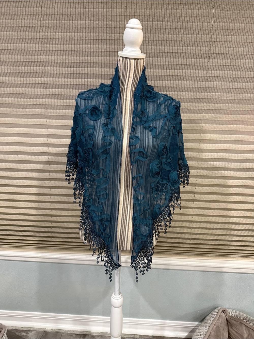 Teal Floral Lace Shawl with Beaded Fringe - Home Accents